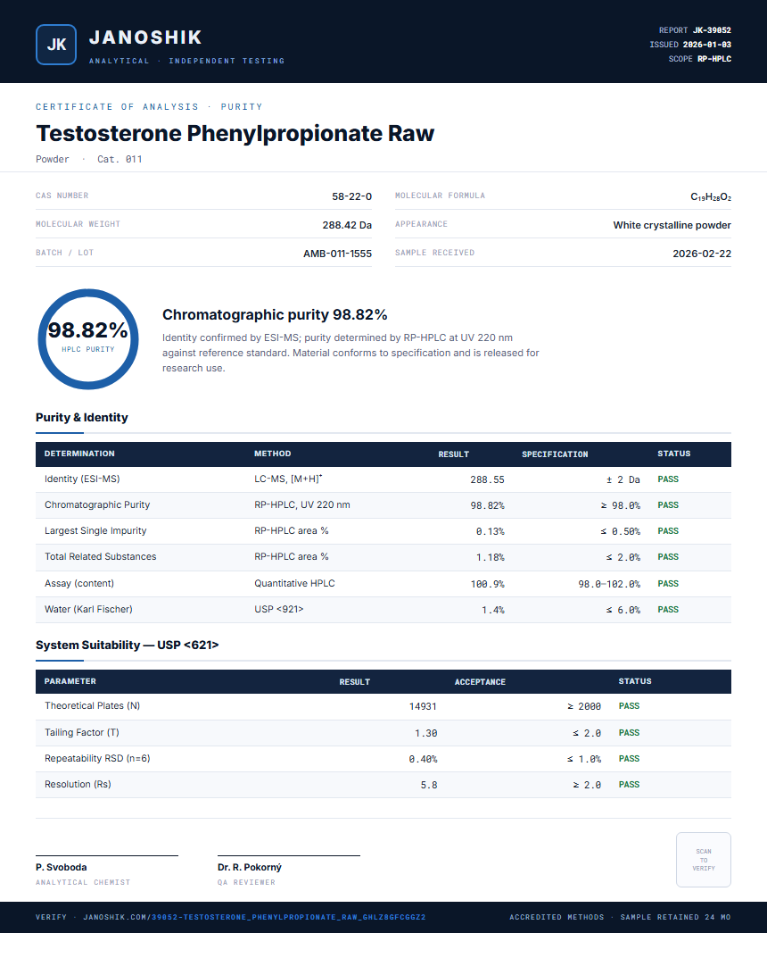 Testosterone Phenylpropionate Raw Purity (HPLC) report by Janoshik Analytical