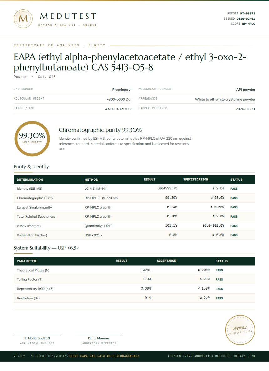 EAPA (ethyl alpha-phenylacetoacetate / ethyl 3-oxo-2-phenylbutanoate) CAS 5413-05-8 Purity Test Report by Medutest