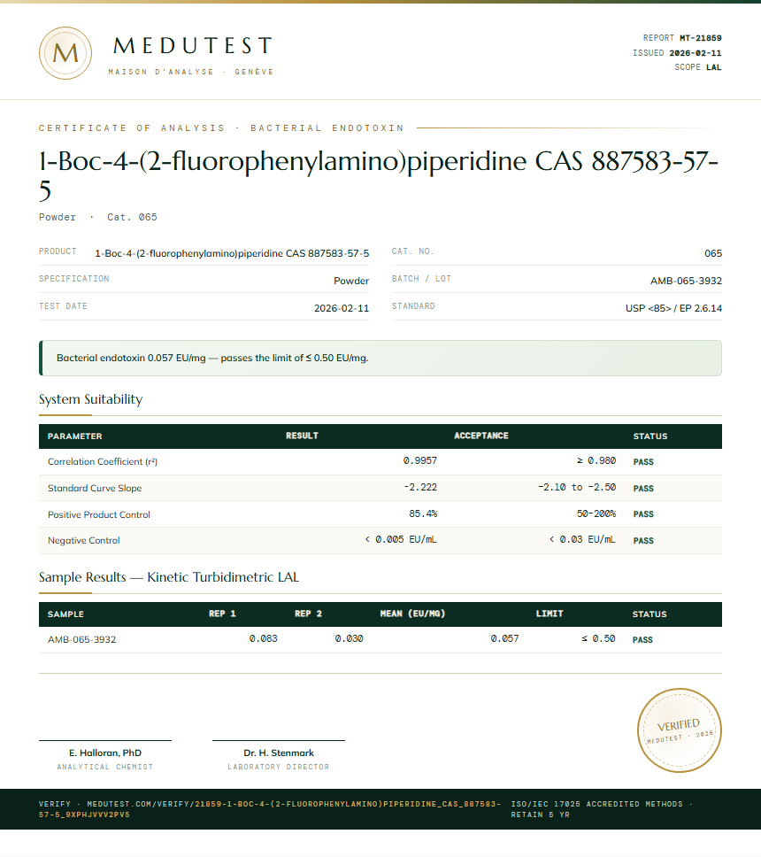 1-Boc-4-(2-fluorophenylamino)piperidine CAS 887583-57-5 Endotoxin report by Medutest
