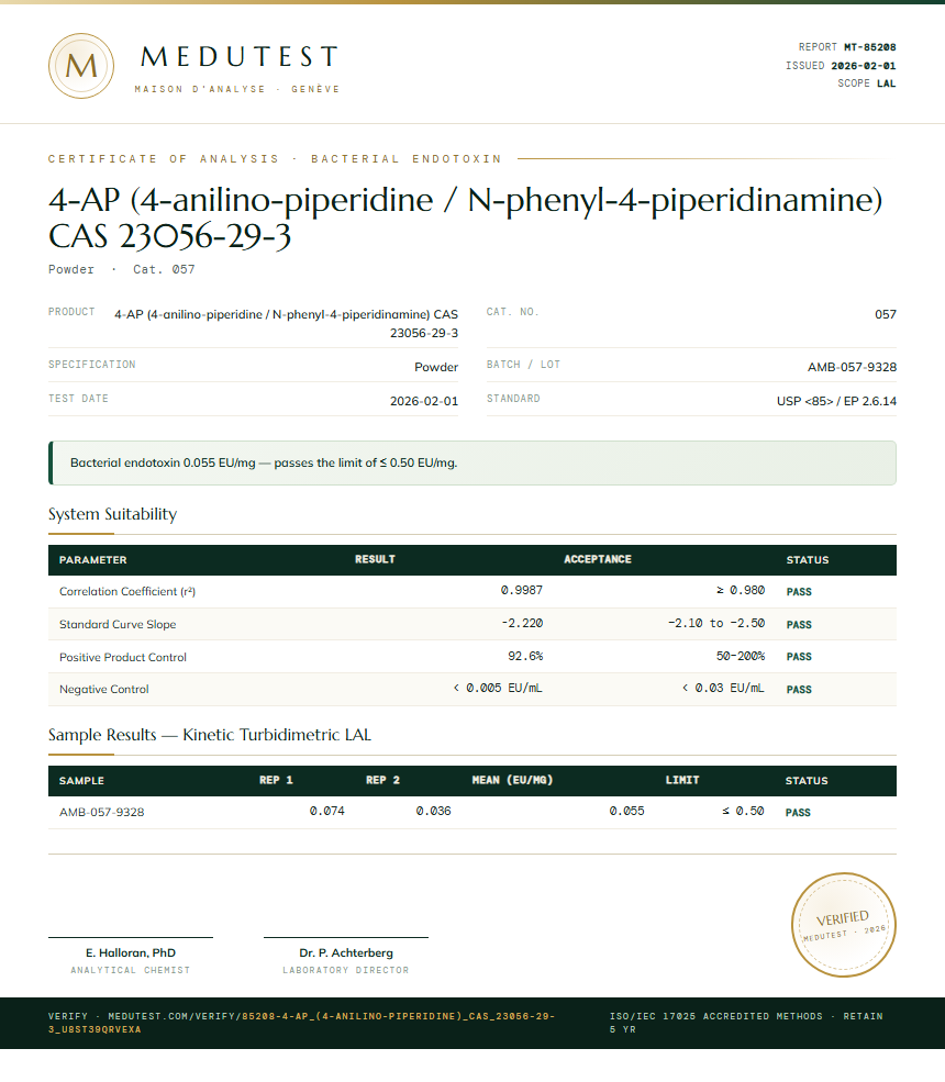 4-AP (4-anilino-piperidine / N-phenyl-4-piperidinamine) CAS 23056-29-3 Endotoxin report by Medutest