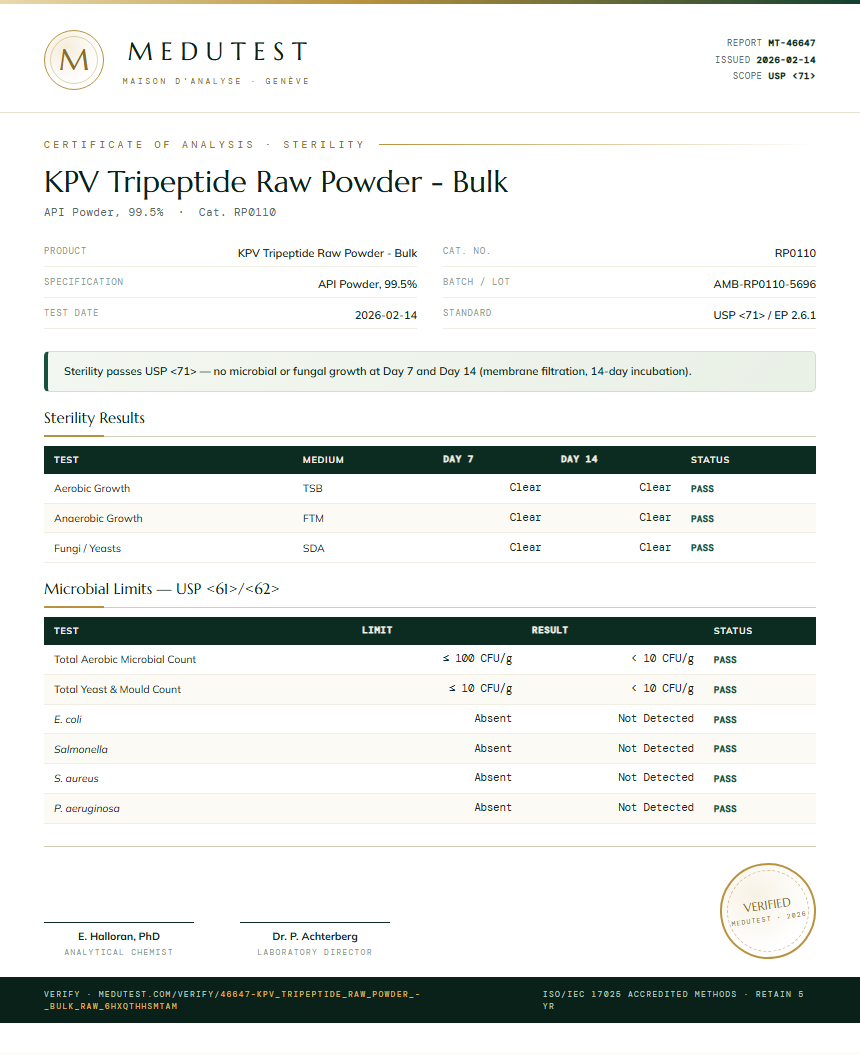 KPV Tripeptide Raw Powder - Bulk Sterility report by Medutest