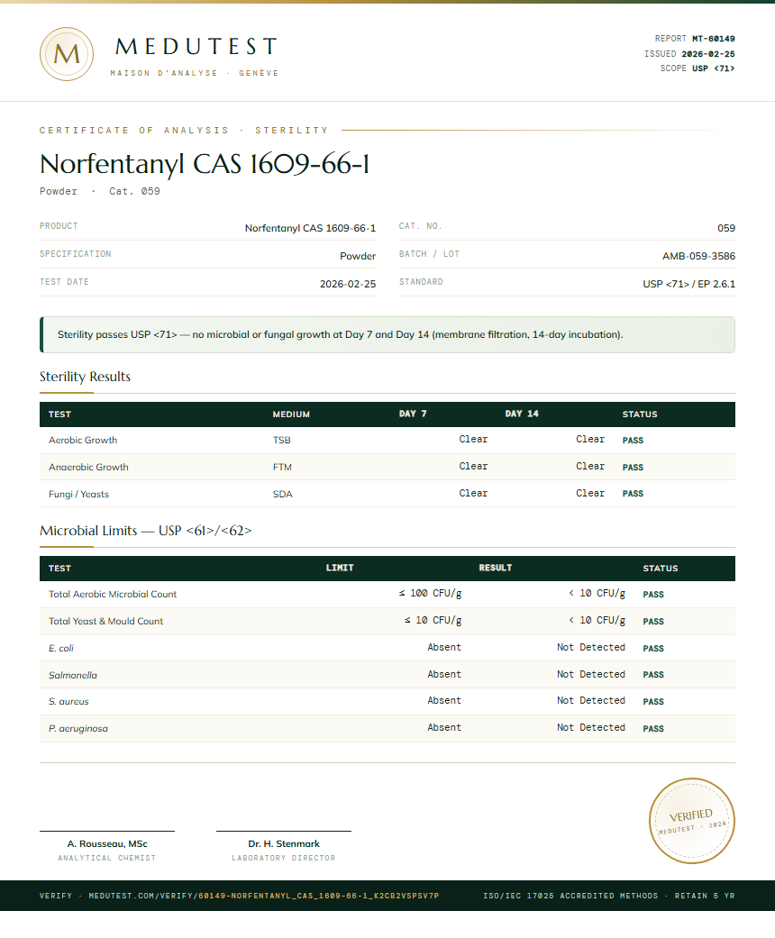 Norfentanyl CAS 1609-66-1 Sterility report by Medutest