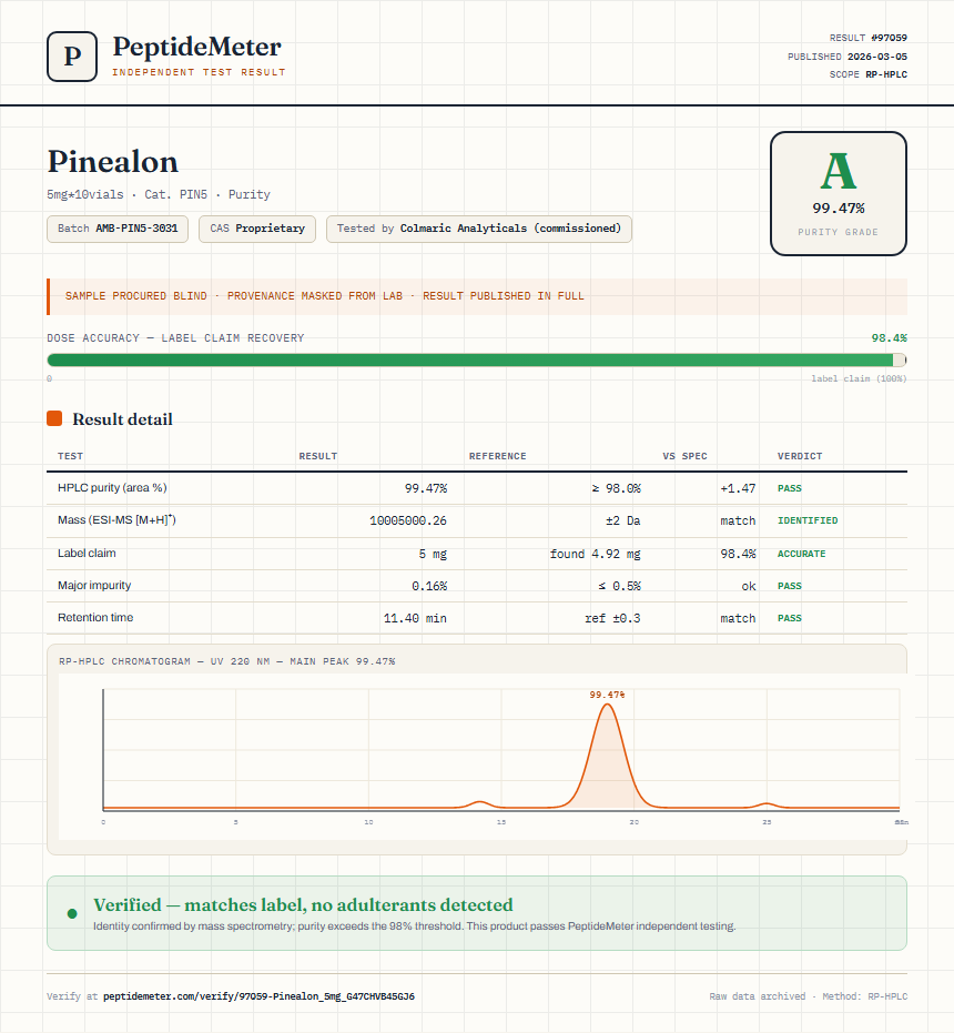 Pinealon Purity (HPLC) report by PeptideMeter