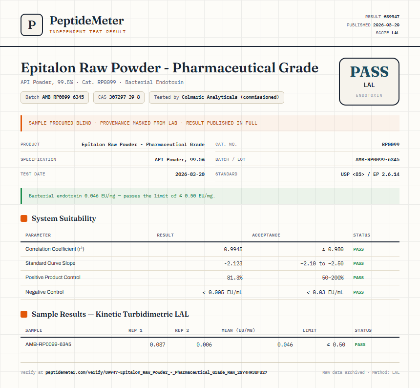 Epitalon Raw Powder - Pharmaceutical Grade Endotoxin report by PeptideMeter