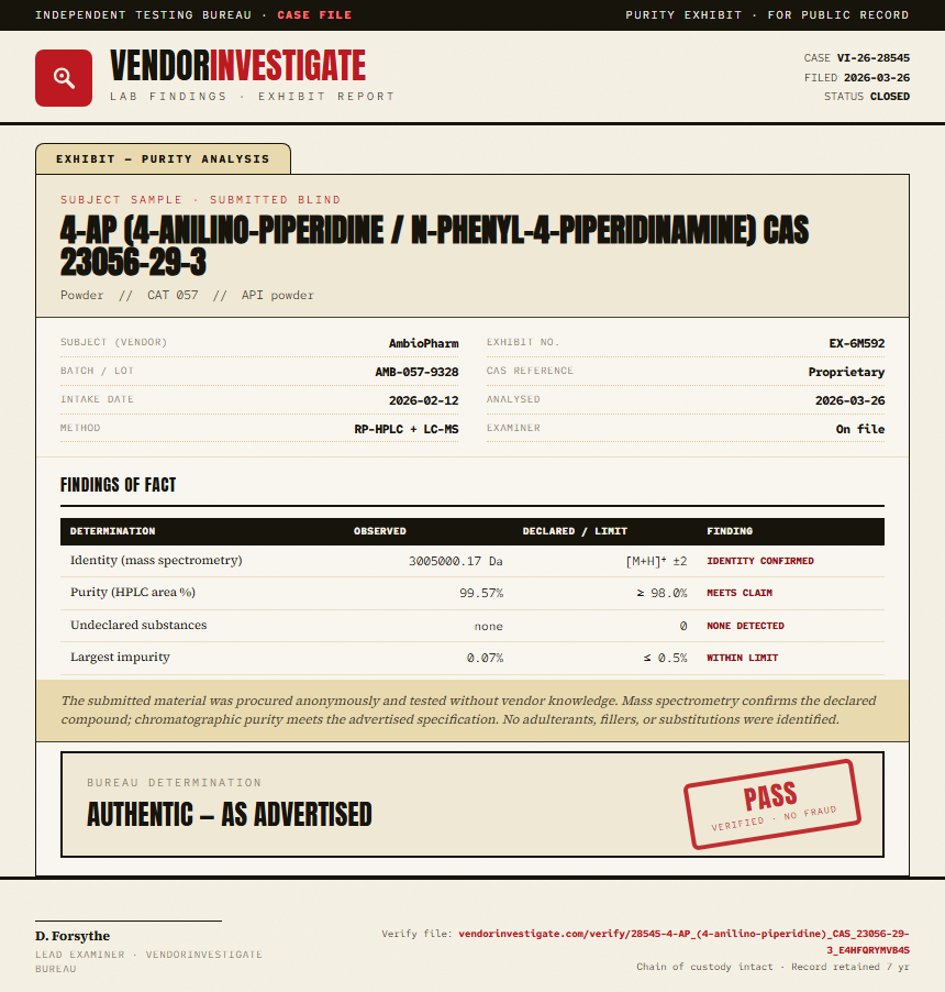 4-AP (4-anilino-piperidine / N-phenyl-4-piperidinamine) CAS 23056-29-3 Purity (HPLC) report by VendorInvestigate