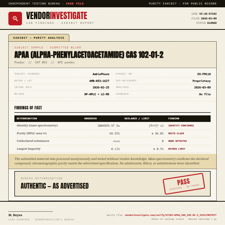 APAA (alpha-phenylacetoacetamide) CAS 102-01-2 Purity (HPLC) report by VendorInvestigate