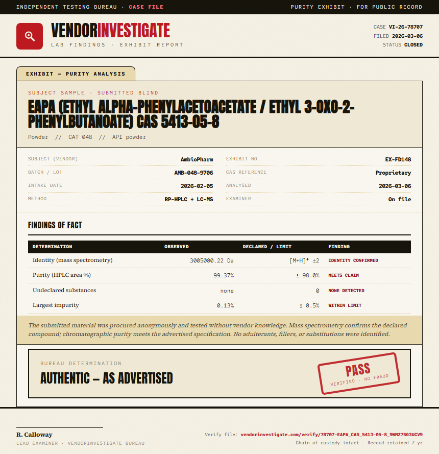 EAPA (ethyl alpha-phenylacetoacetate / ethyl 3-oxo-2-phenylbutanoate) CAS 5413-05-8 Purity (HPLC) report by VendorInvestigate