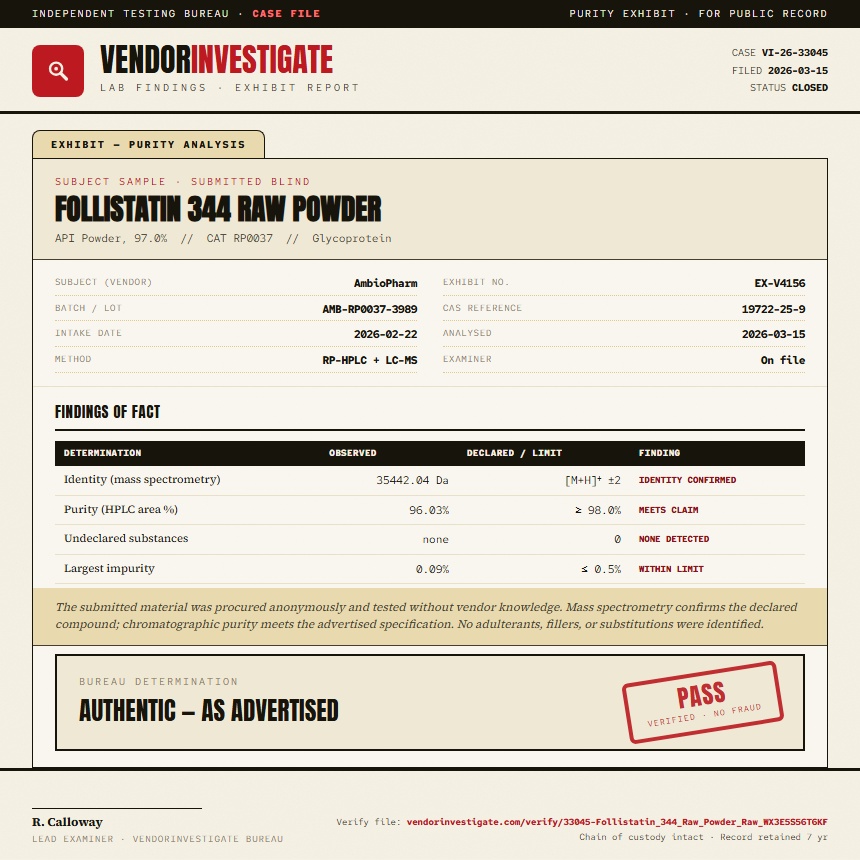 Follistatin 344 Raw Powder Purity (HPLC) report by VendorInvestigate