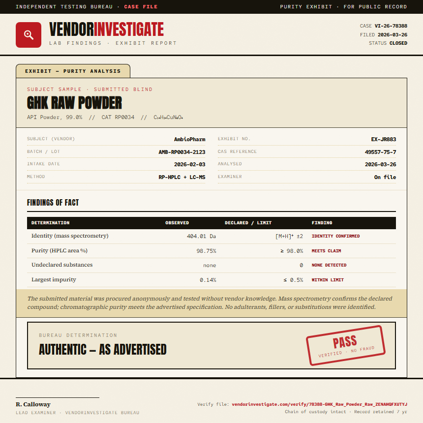 GHK Raw Powder Purity (HPLC) report by VendorInvestigate