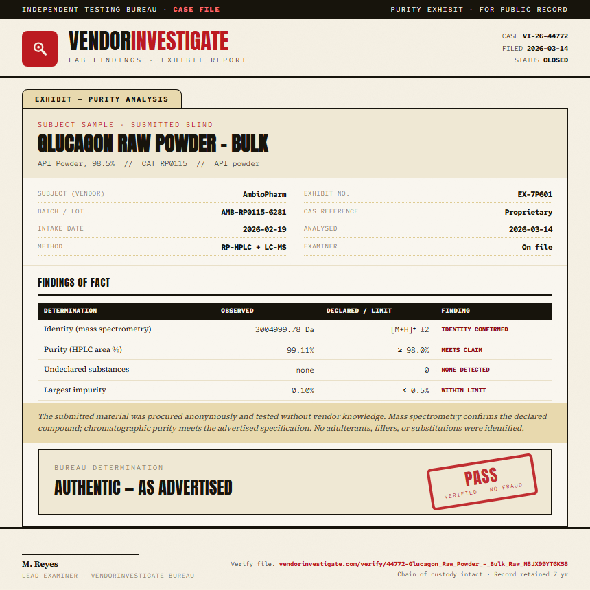 Glucagon Raw Powder - Bulk Purity (HPLC) report by VendorInvestigate