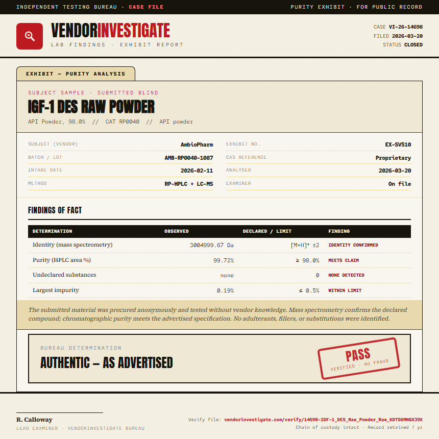 IGF-1 DES Raw Powder Purity (HPLC) report by VendorInvestigate
