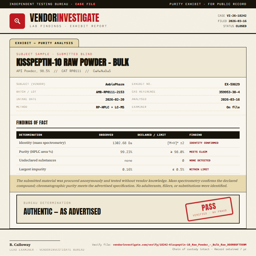 Kisspeptin-10 Raw Powder - Bulk Purity (HPLC) report by VendorInvestigate