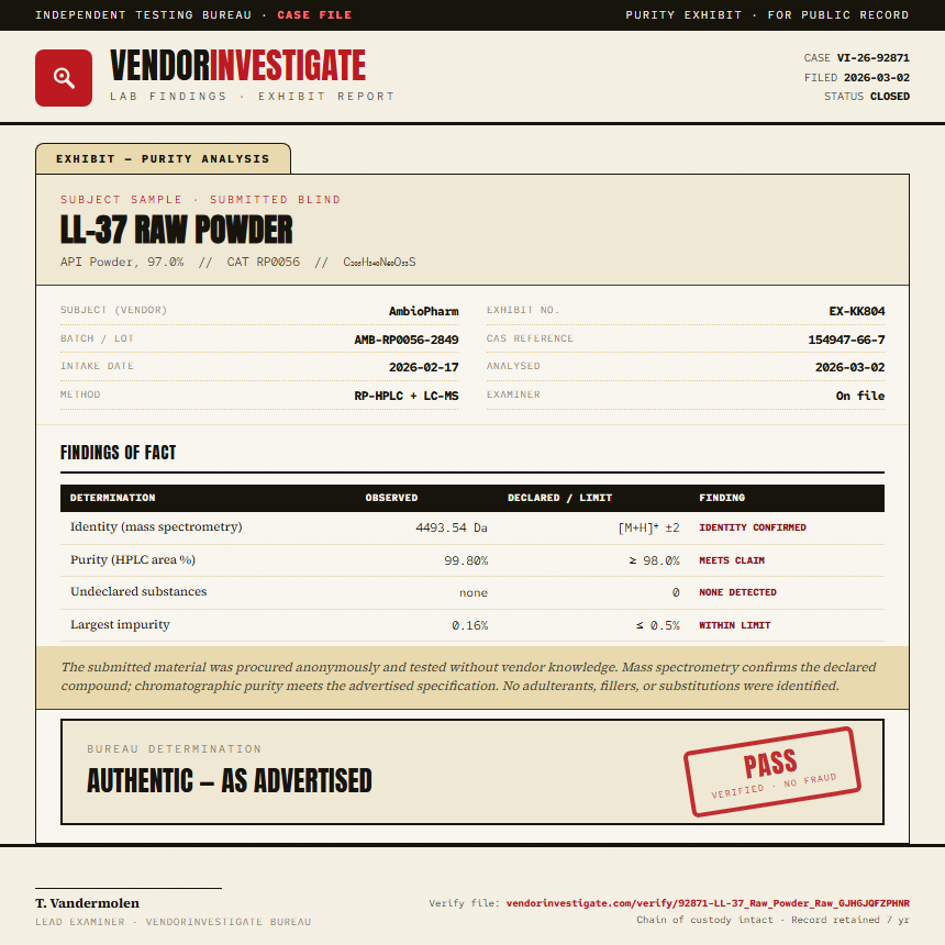 LL-37 Raw Powder Purity (HPLC) report by VendorInvestigate