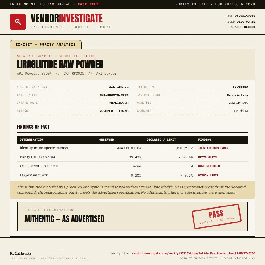 Liraglutide Raw Powder Purity (HPLC) report by VendorInvestigate