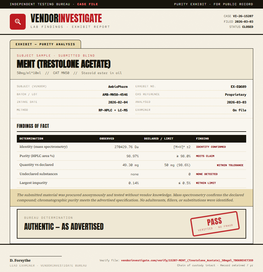 MENT (Trestolone Acetate) Purity (HPLC) report by VendorInvestigate