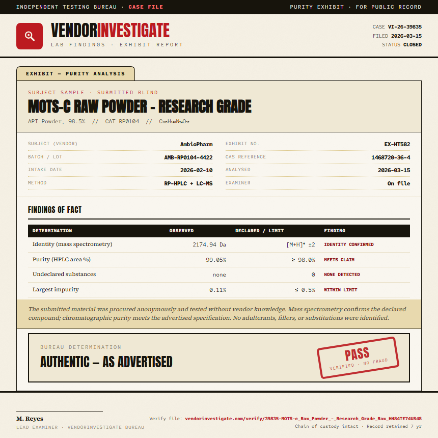 MOTS-c Raw Powder - Research Grade Purity (HPLC) report by VendorInvestigate