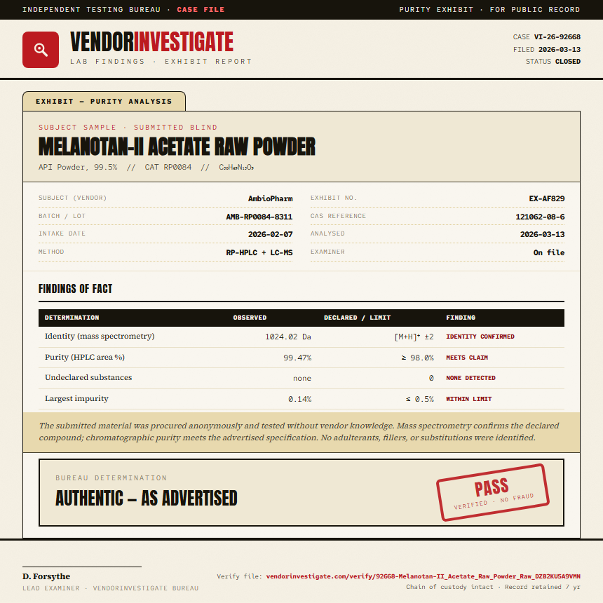 Melanotan-II Acetate Raw Powder Purity (HPLC) report by VendorInvestigate