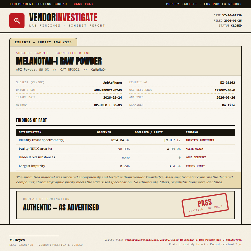 Melanotan-I Raw Powder Purity (HPLC) report by VendorInvestigate