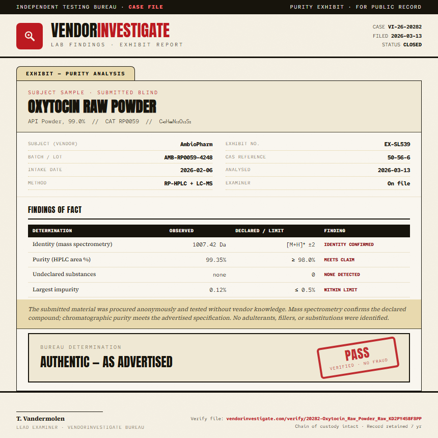 Oxytocin Raw Powder Purity (HPLC) report by VendorInvestigate