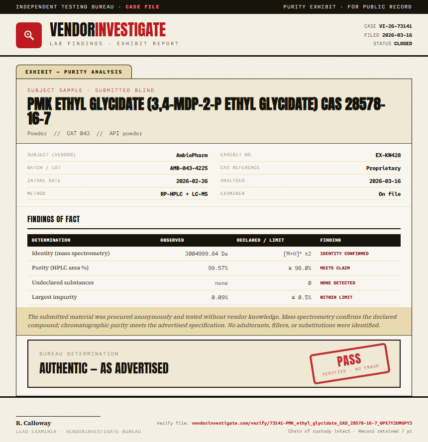 PMK ethyl glycidate (3,4-MDP-2-P ethyl glycidate) CAS 28578-16-7 Purity (HPLC) report by VendorInvestigate
