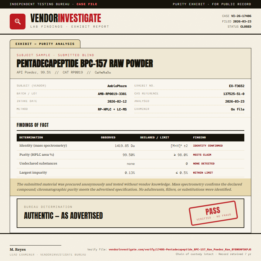 Pentadecapeptide BPC-157 Raw Powder Purity (HPLC) report by VendorInvestigate
