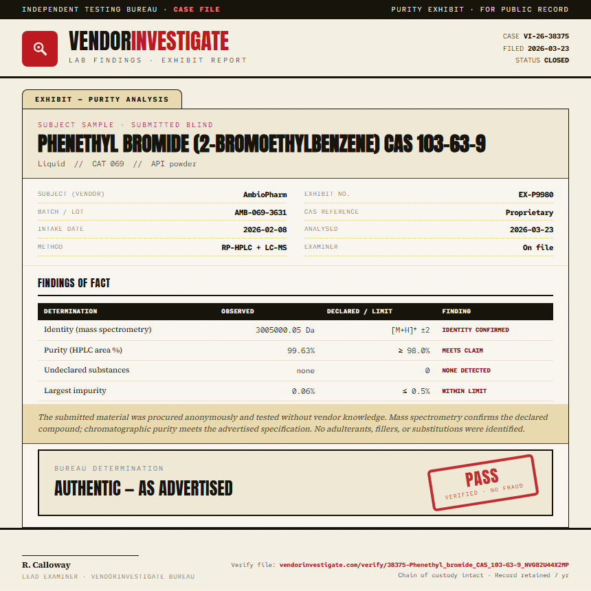 Phenethyl bromide (2-bromoethylbenzene) CAS 103-63-9 Purity (HPLC) report by VendorInvestigate