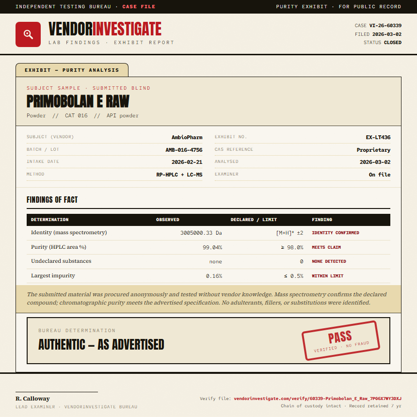 Primobolan E Raw Purity (HPLC) report by VendorInvestigate