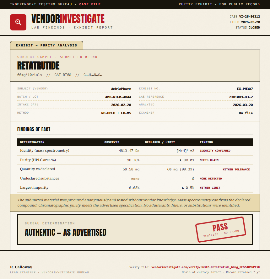 Retatrutide Purity (HPLC) report by VendorInvestigate