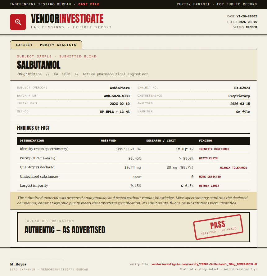 Salbutamol Purity (HPLC) report by VendorInvestigate
