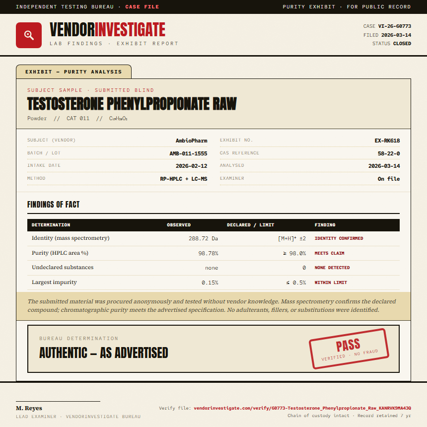Testosterone Phenylpropionate Raw Purity (HPLC) report by VendorInvestigate