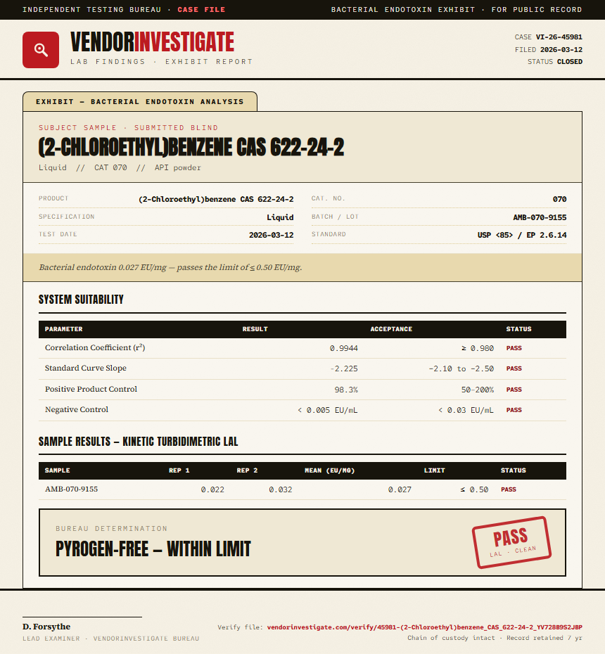 (2-Chloroethyl)benzene CAS 622-24-2 Endotoxin report by VendorInvestigate