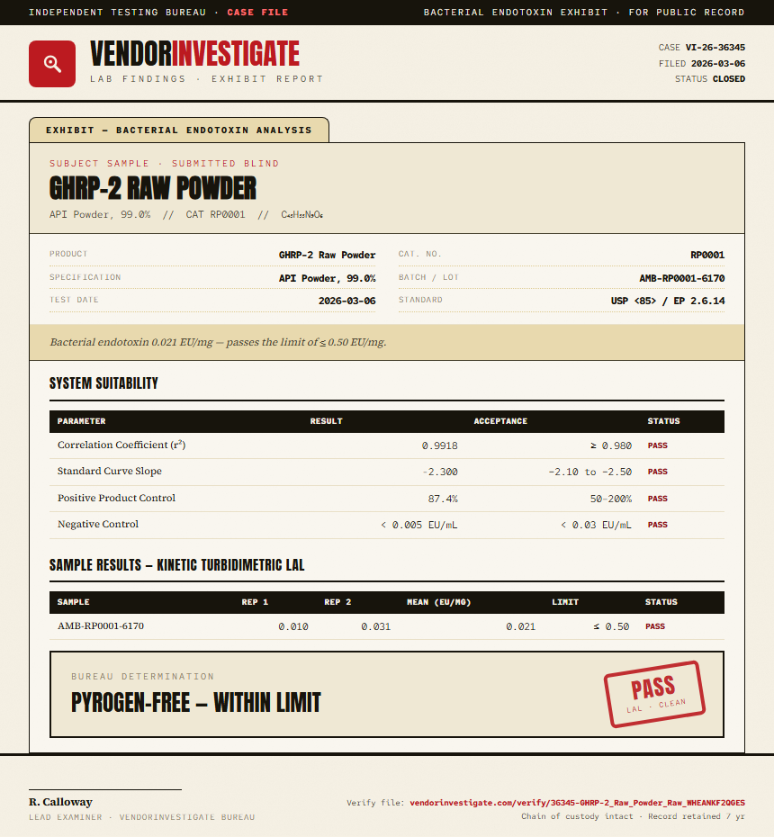 GHRP-2 Raw Powder Endotoxin report by VendorInvestigate