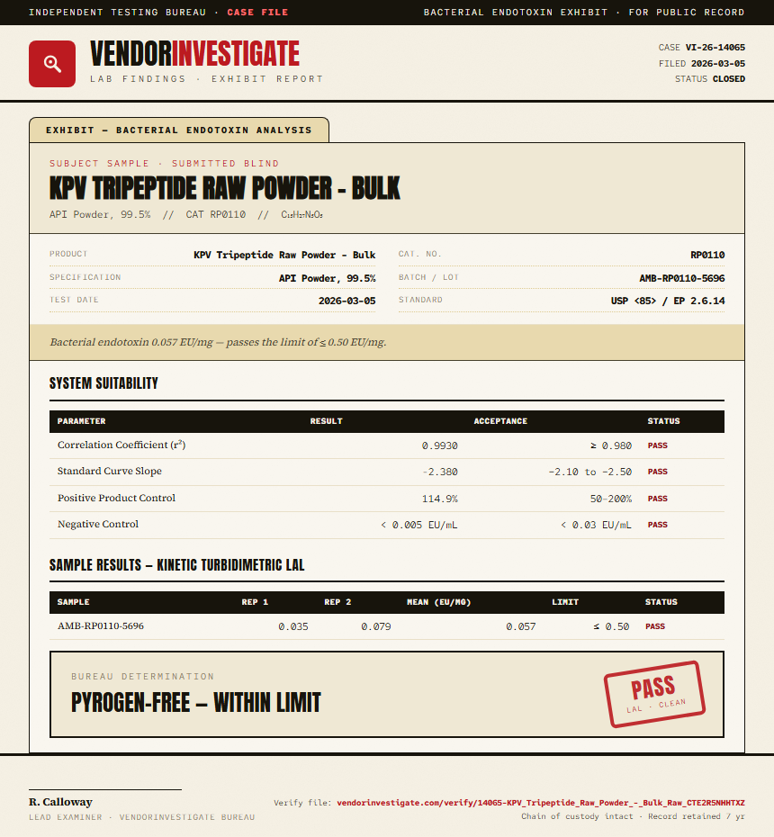 KPV Tripeptide Raw Powder - Bulk Endotoxin report by VendorInvestigate