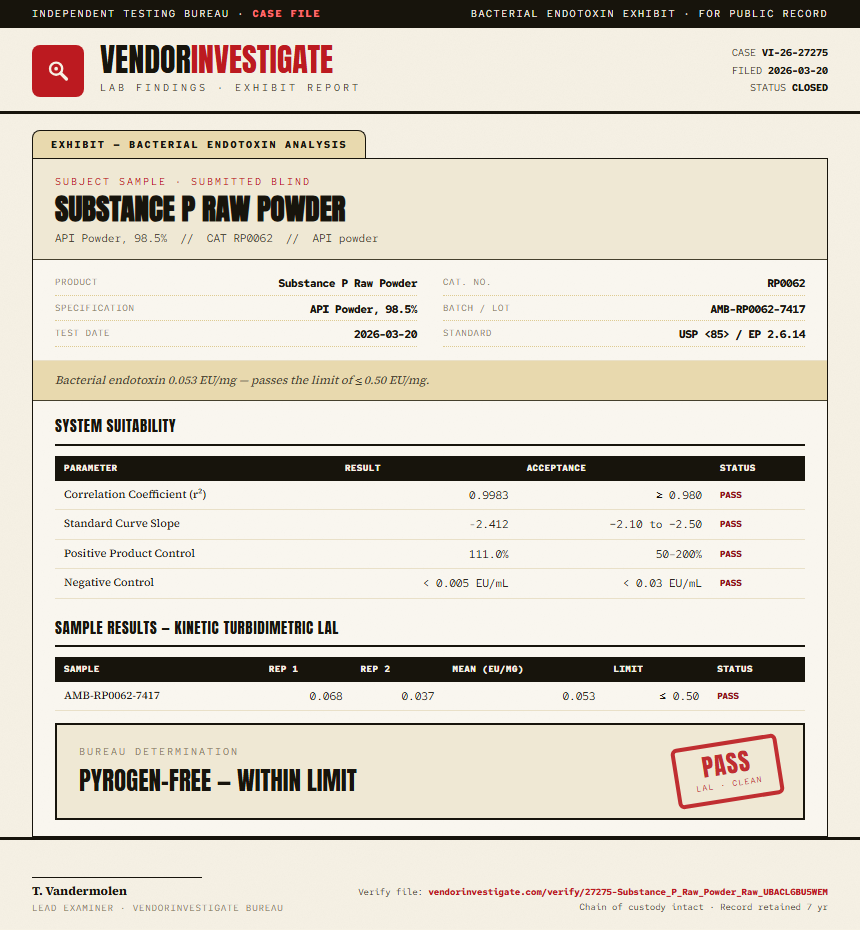 Substance P Raw Powder Endotoxin report by VendorInvestigate